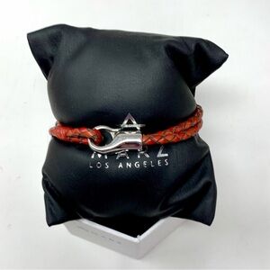 MARZ Men’s Double braided red leather bracelet with polished silver tone clasp